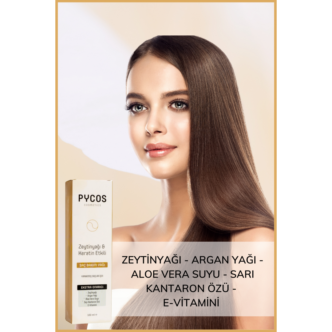 PYCOS COSMETICS Zeytinyağı-Keratin-Argan Yağı Etkenli Besleyici ve Onarıcı Saç Bakım Kompleksi 100 ML