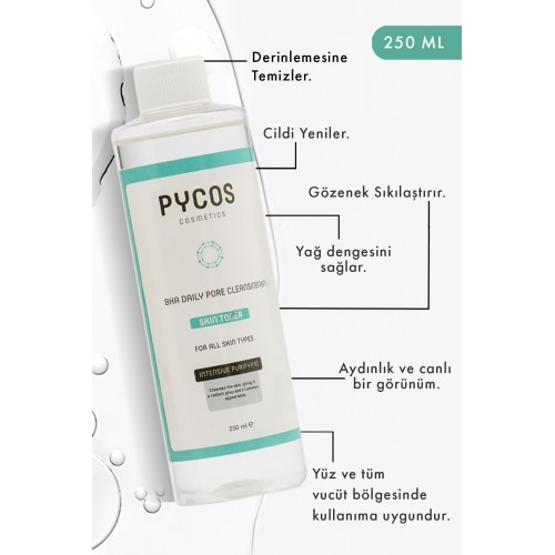 PYCOS COSMETICS BHA Gözenek Sıkılaştırıcı-Temizleyici-Aydınlatıcı, Siyah Nokta Karşıtı Günlük Tonik 250 ML PYCOS COSMETICS BHA Gözenek Sıkılaştırıcı-Temizleyici-Aydınlatıcı, Siyah Nokta Karşıtı Günlük Tonik 250 ML