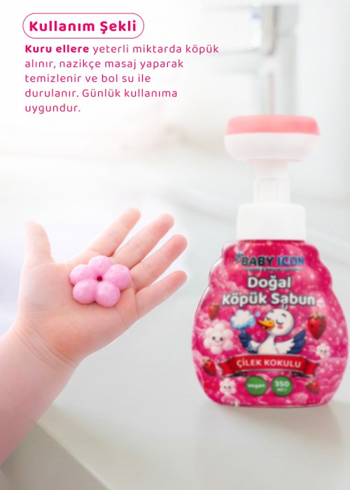 Baby İcon Doğal Çocuk Köpük El Sabunu 350 ml Çilek Kokulu Vegan Parabensiz Çiçek Şekilli Pembe Köpük