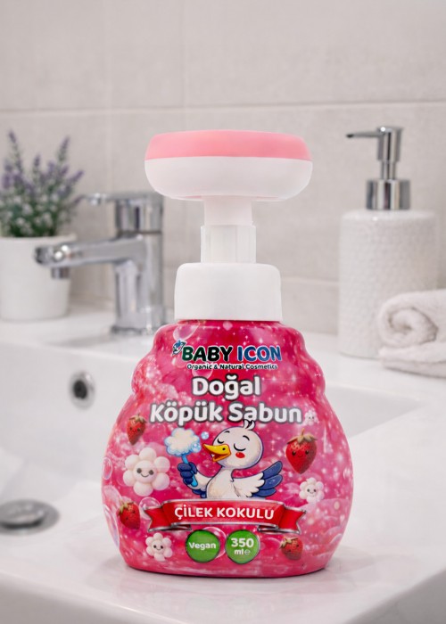 Baby İcon Doğal Çocuk Köpük El Sabunu 350 ml Çilek Kokulu Vegan Parabensiz Çiçek Şekilli Pembe Köpük