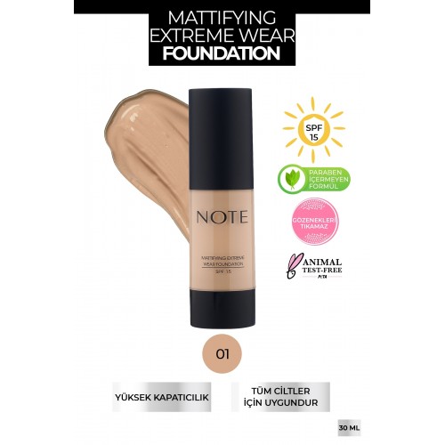 NOTE Mattifying Extreme Wear Mat Bitişli Spf 15 Kapatıcı Fondöten 01 Beige