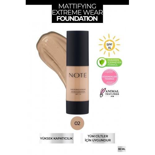 NOTE Mattifying Extreme Wear Mat Bitişli SPF 15 Kapatıcı Fondöten 02 Natural Beige